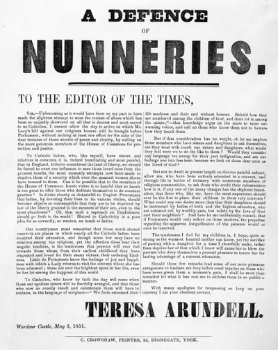A Defense of Nunneries av Theresa Arundell, 1851 (trykt papir) av English School